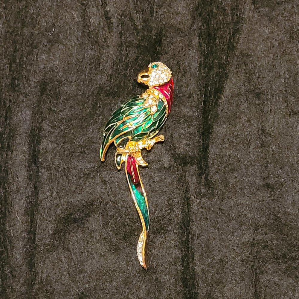 Red and Green Enameled Parrot Brooch with Rhinestones